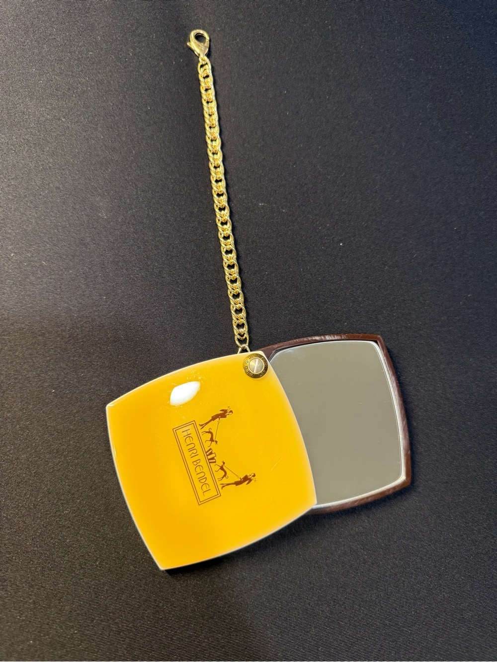 Henri Bendel New York Yellow Folding Compact Mirror Gold Chain Travel Mirror